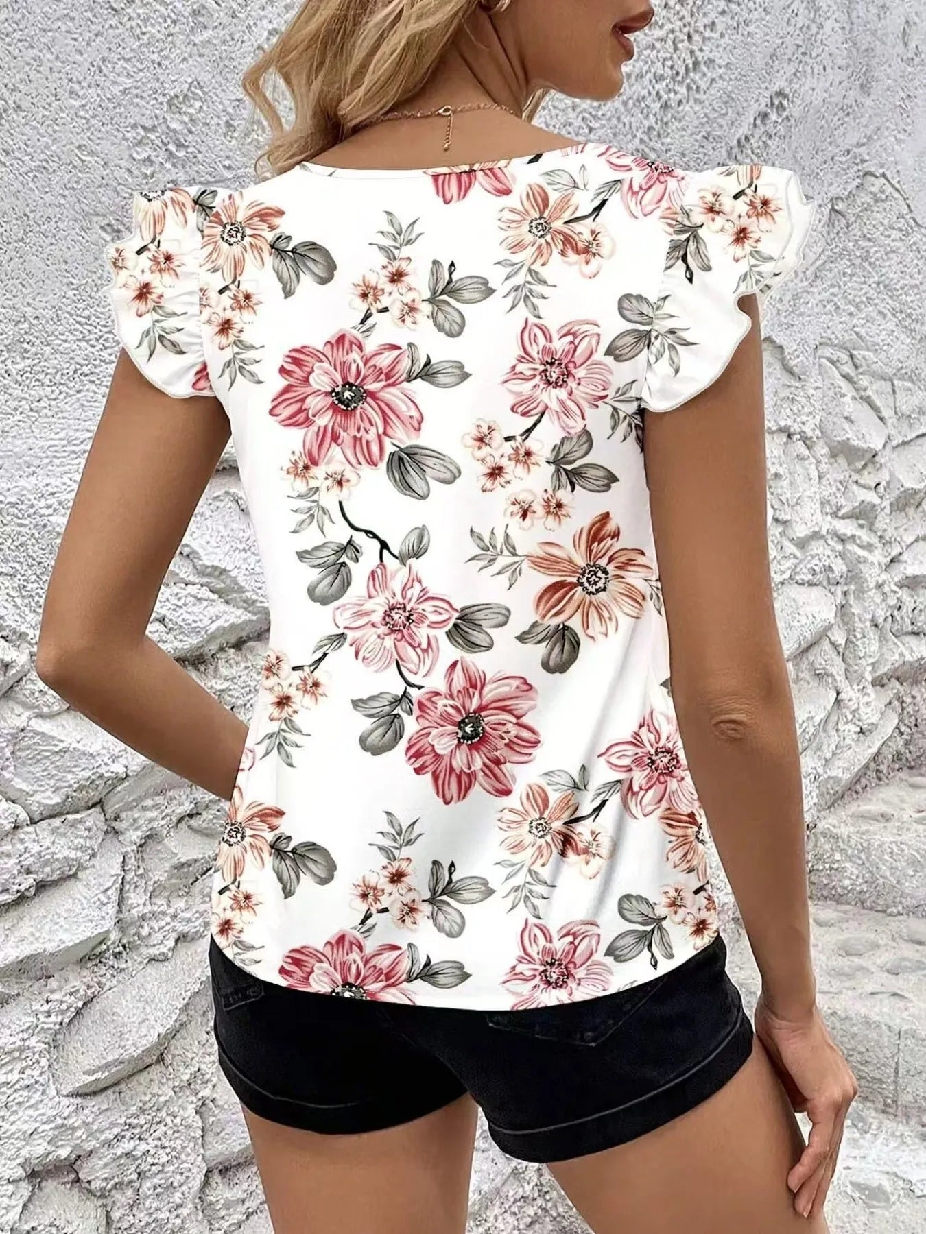 Floral Print Ruffle Sleeve V-Neck Blouse - White