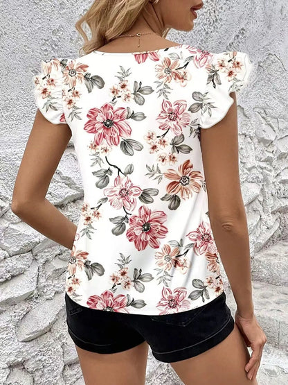Floral Print Ruffle Sleeve V-Neck Blouse - White
