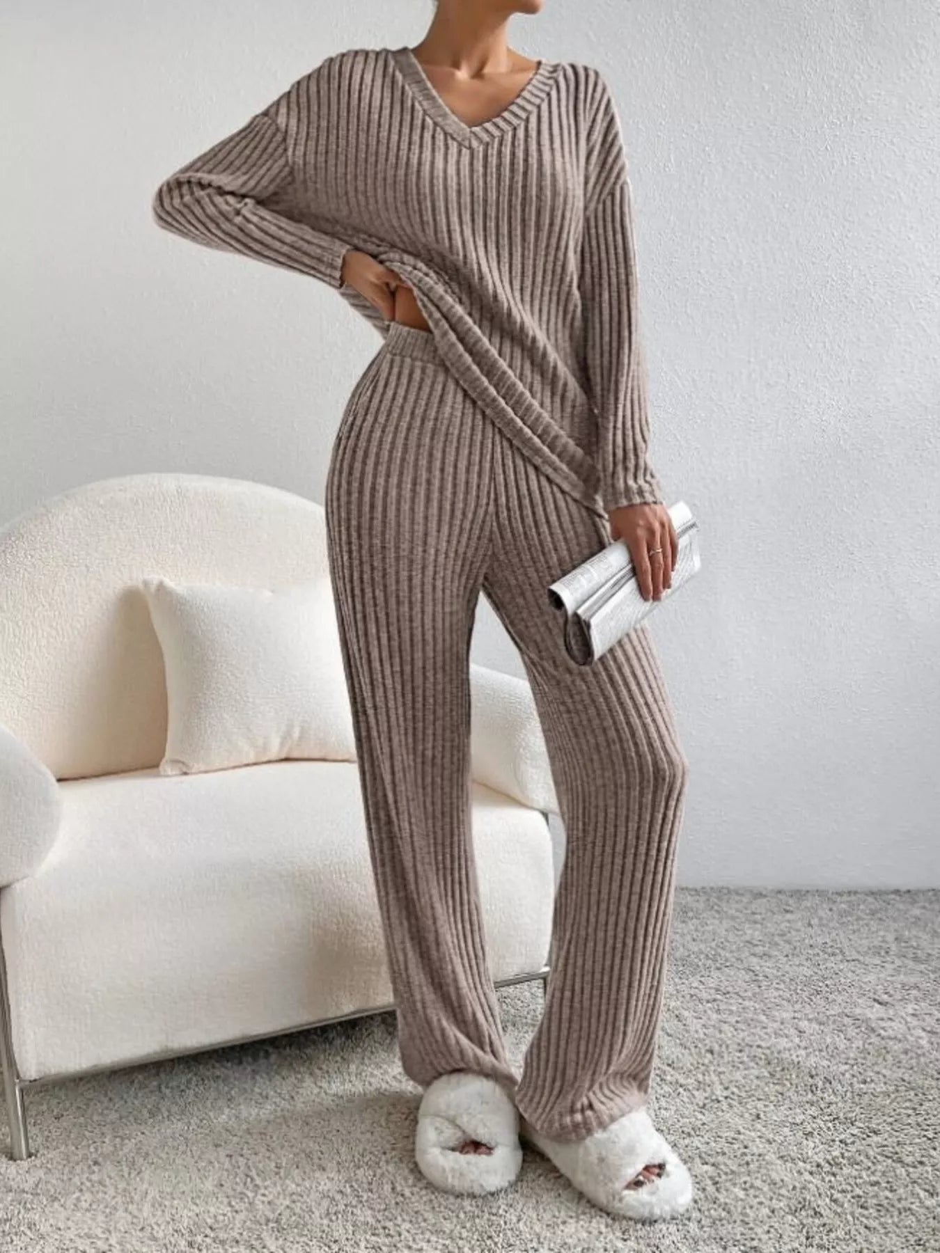 Ribbed Knit V-Neck Top and Pants Set -