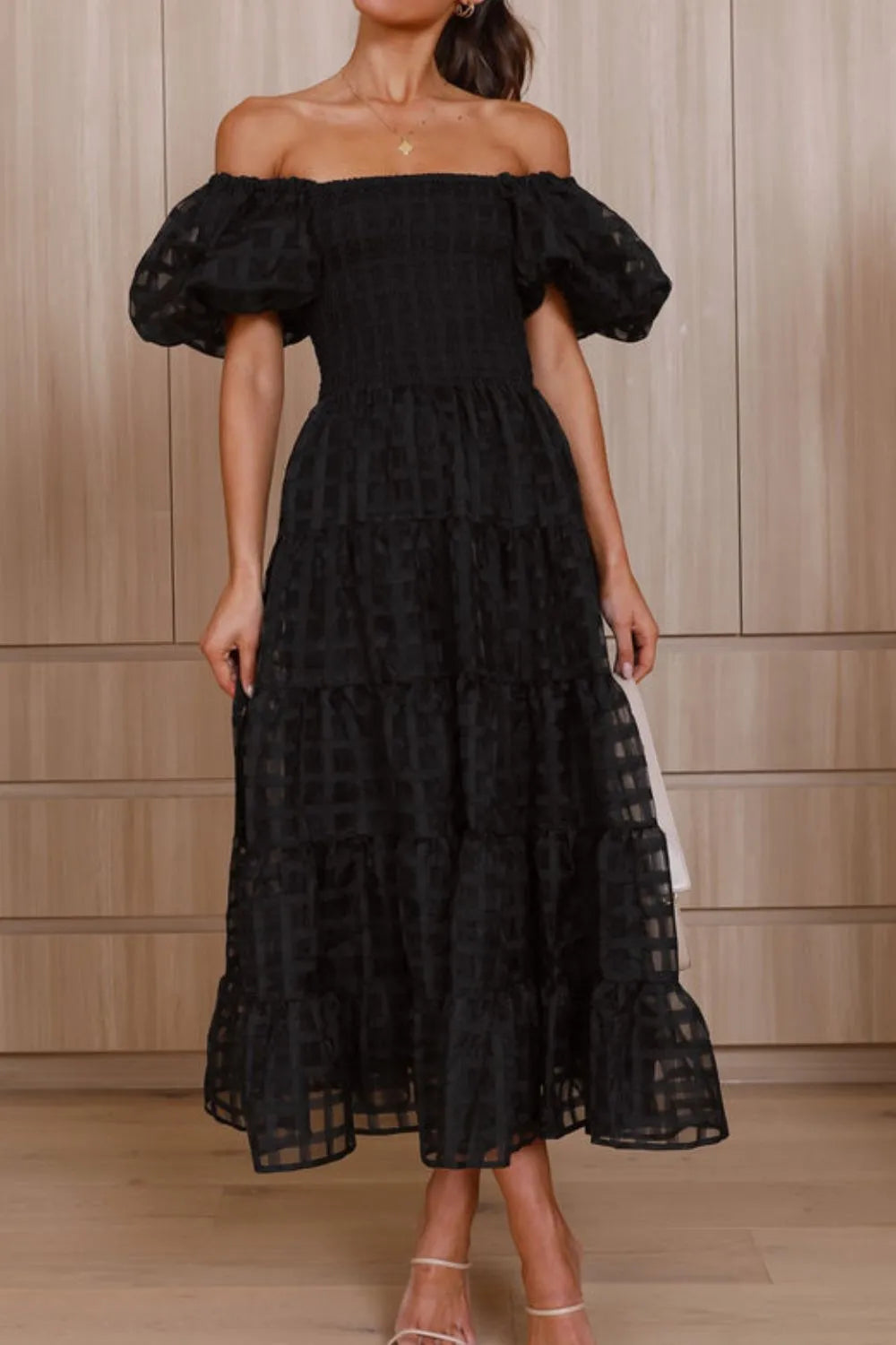 Off Shoulder Short Puff Sleeve Midi Dress - Black