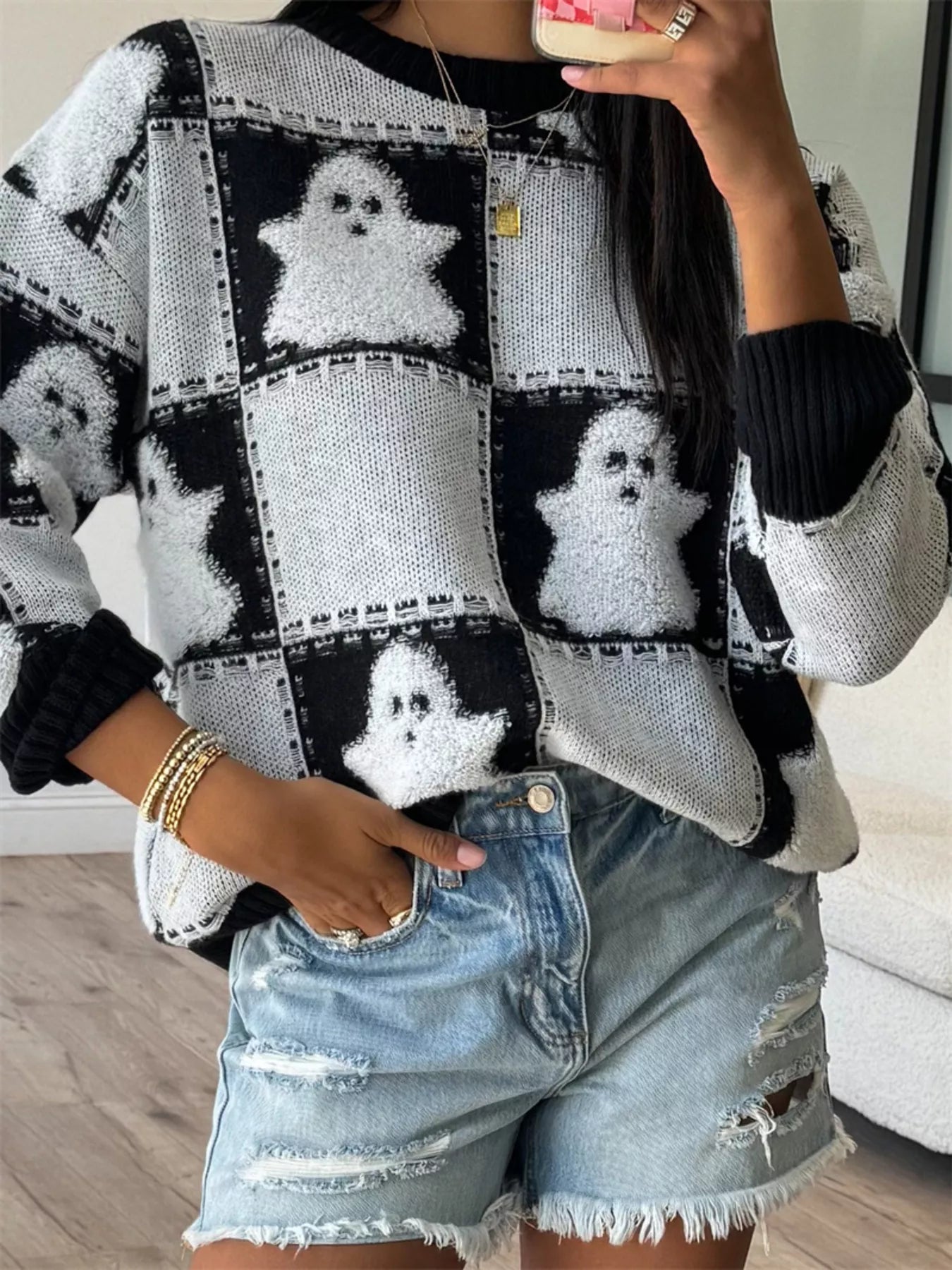 Ghost Checkered Drop Shoulder Sweater - Black White