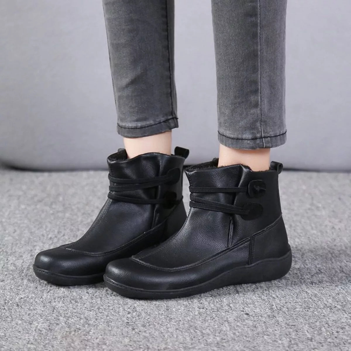 Button Detail Ankle Boots - Black