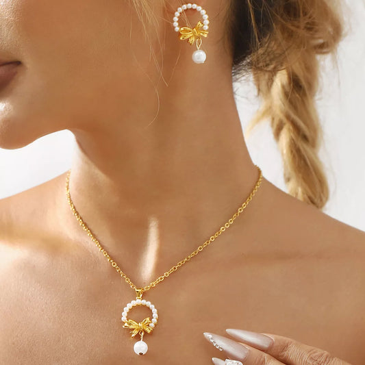 Bowknot Pearl Earrings and Pendant Necklace Jewelry Set - Gold One Size