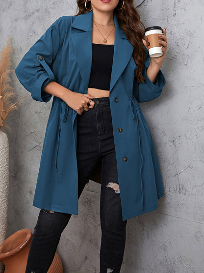 Plus Size Lapel Collar Drawstring Roll-Tab Sleeve Trench Coat - Dusty Blue