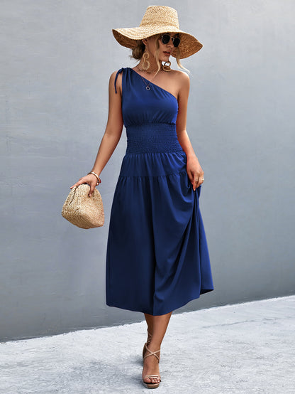 Asymmetrical One Shoulder Smocked Waist Midi Dress | AdoreStarr