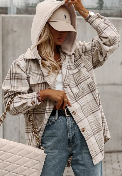 Plaid Removable Hood Button Up Shacket -