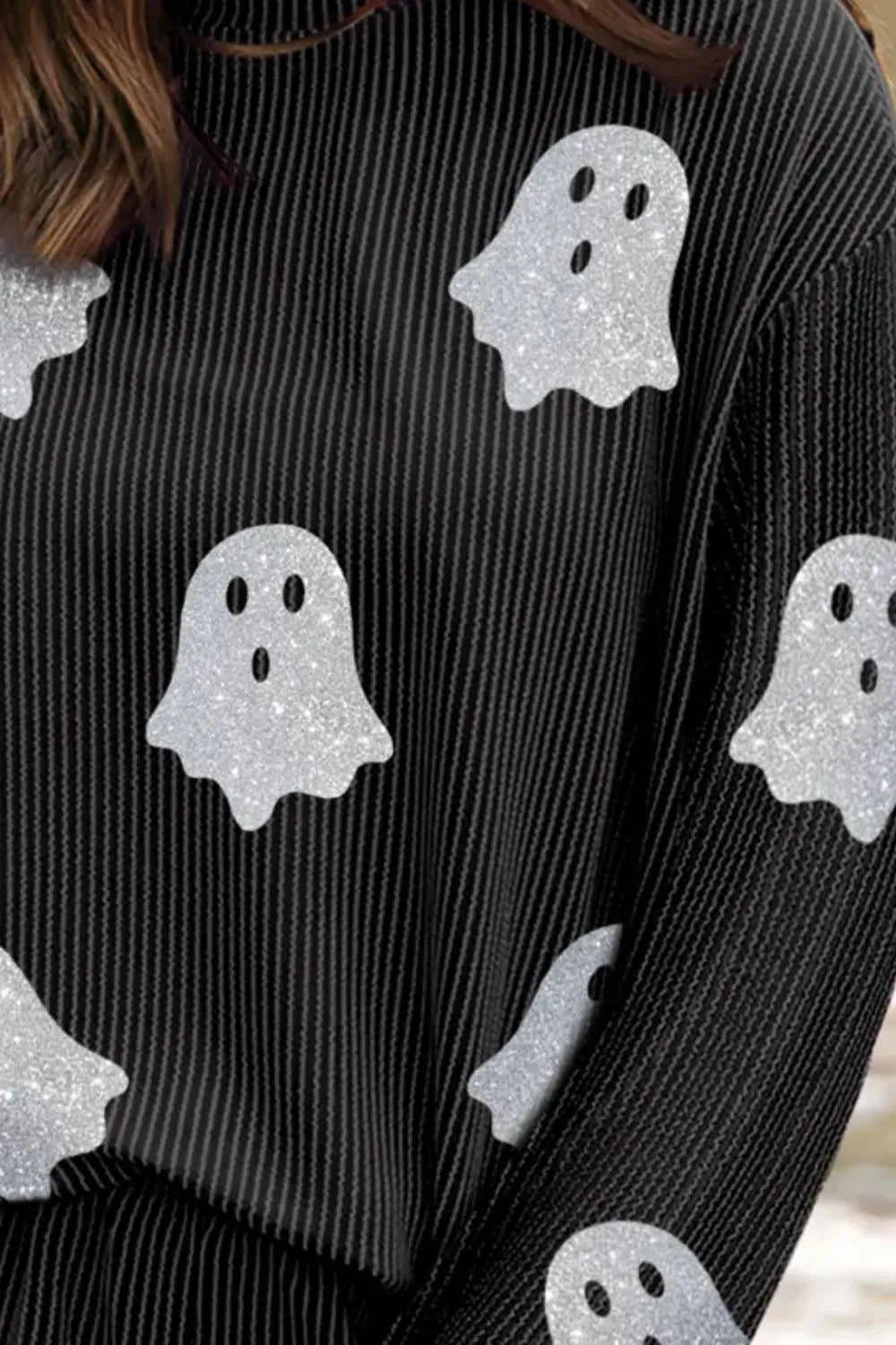 Glitter Ghost Round Neck Long Sleeve Top and Shorts Set -