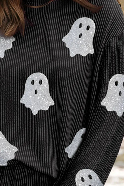 Glitter Ghost Round Neck Long Sleeve Top and Shorts Set -