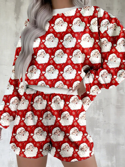 Santa Print Round Neck Top and Shorts Lounge Set -
