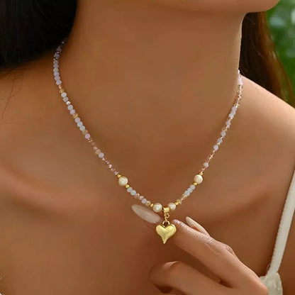 Bead Heart Pendant Necklace - Gold One Size
