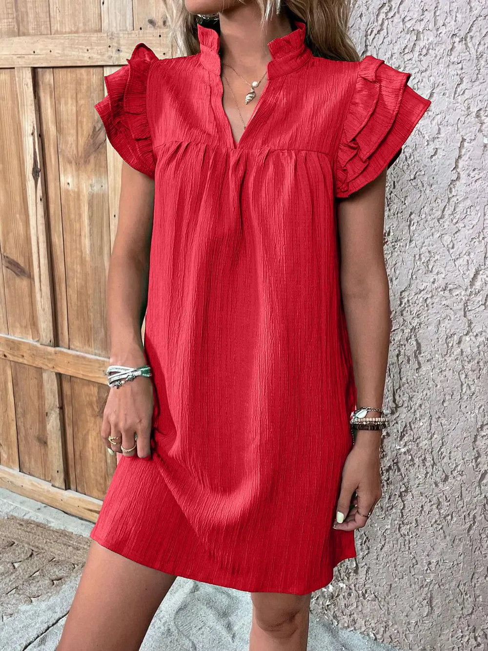 Ruffled Notched Cap Sleeve Mini Dress - Deep Red