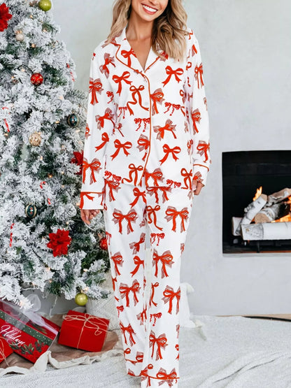 Bow Print Top and Pants Pajama Set - Red