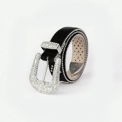 PU Leather Inlaid Rhinestone Belt - Black