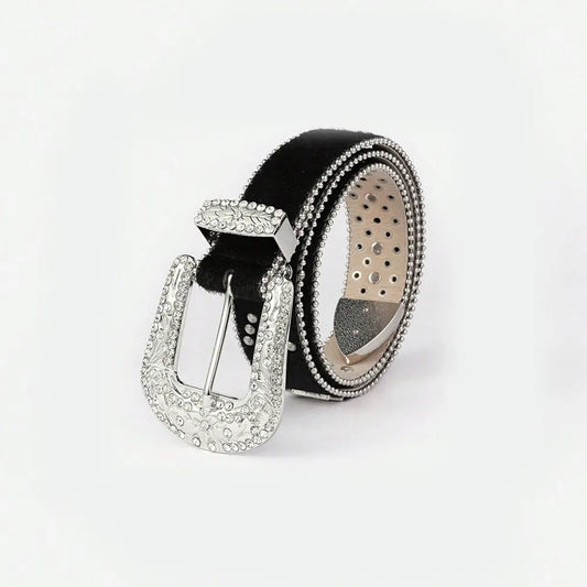 PU Leather Inlaid Rhinestone Belt - Black