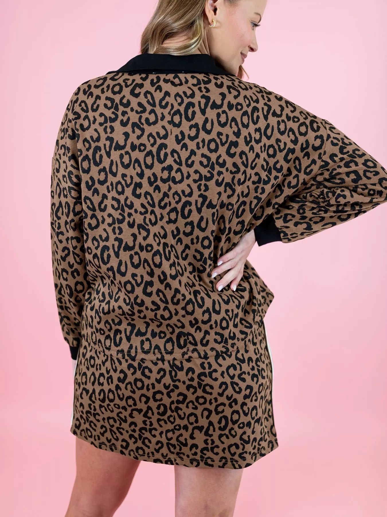 Leopard Print Half Zip Pullover and Drawstring Skirt Set -