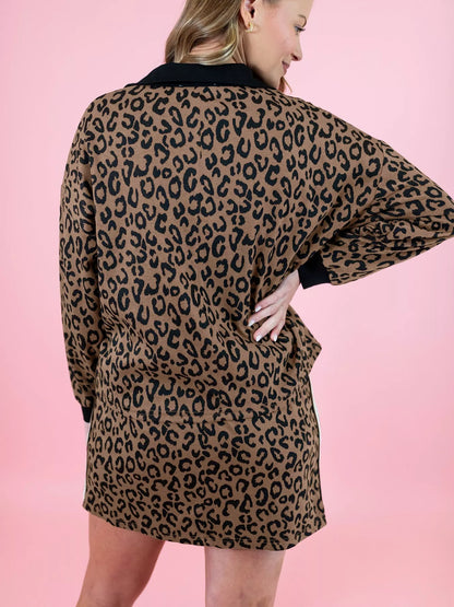 Leopard Print Half Zip Pullover and Drawstring Skirt Set -