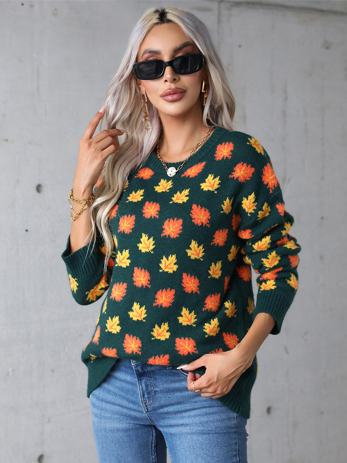 Maple Leaf Round Neck Long Sleeve Sweater