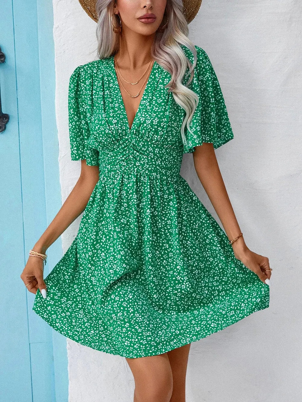 Printed V-Neck Half Sleeve Mini Dress - Green