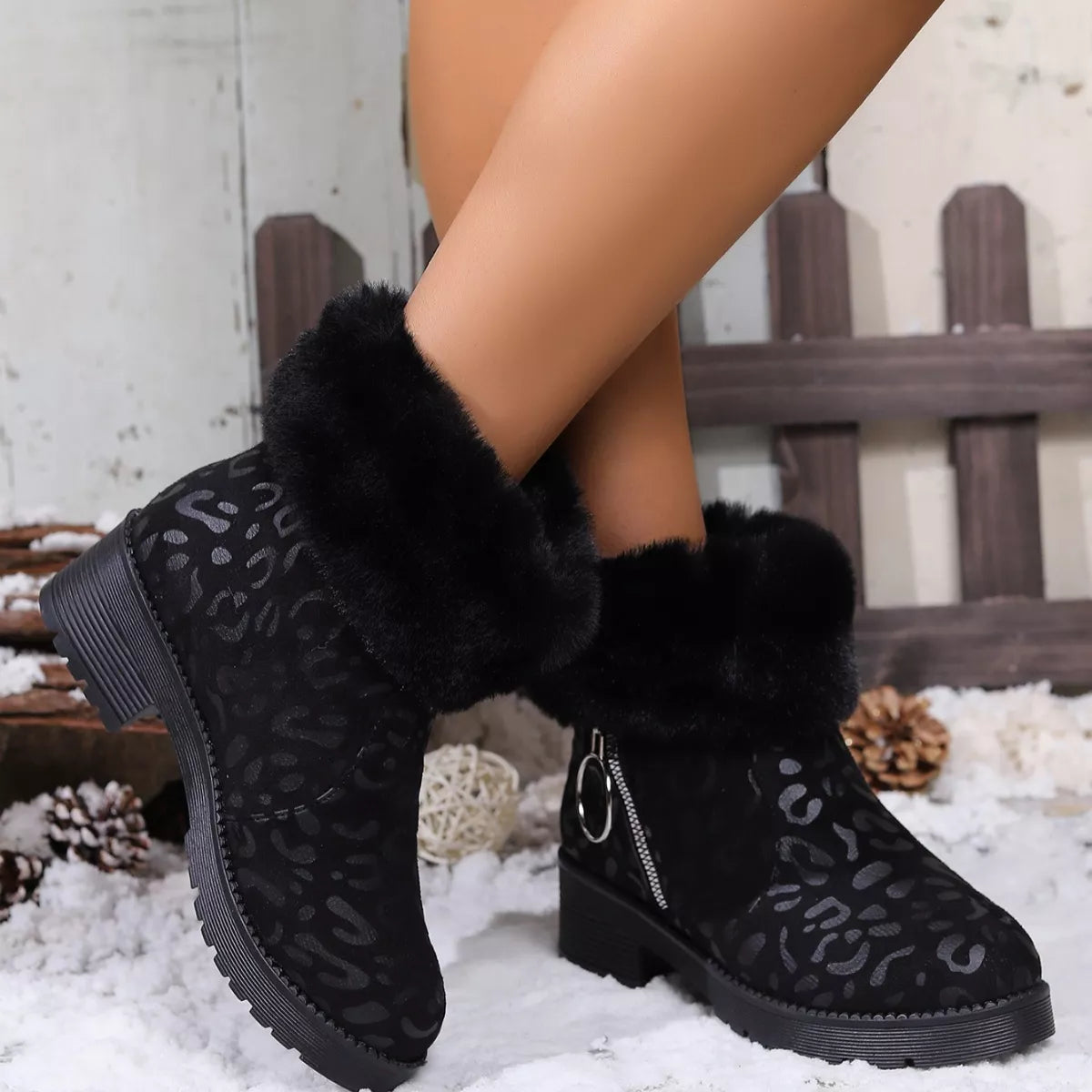 Fuzzy Cuff Leopard Print Ankle Boots -