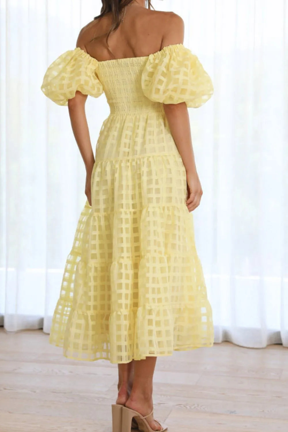 Off Shoulder Short Puff Sleeve Midi Dress -