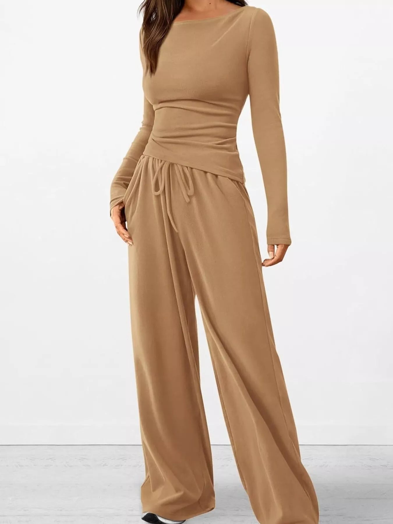 Long Sleeve Top and Wide Leg Pants Set -
