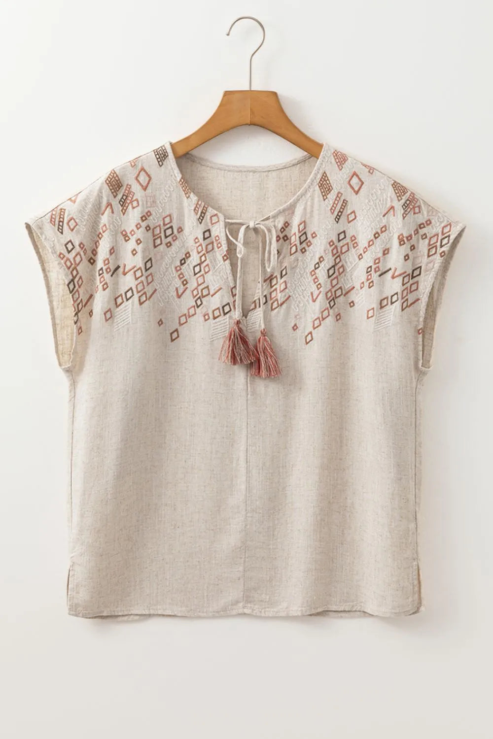 Geometric Embroidered Tassel Tie Neck Blouse -