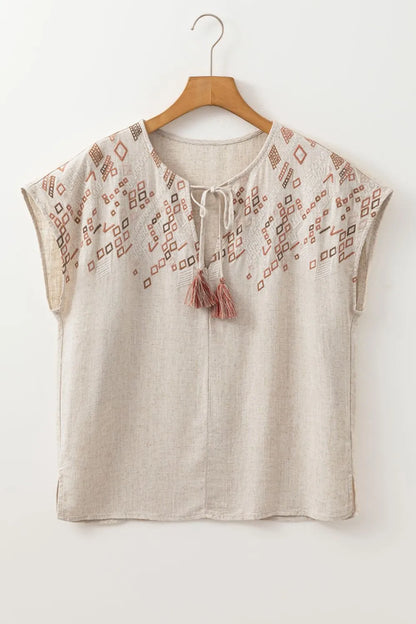 Geometric Embroidered Tassel Tie Neck Blouse -