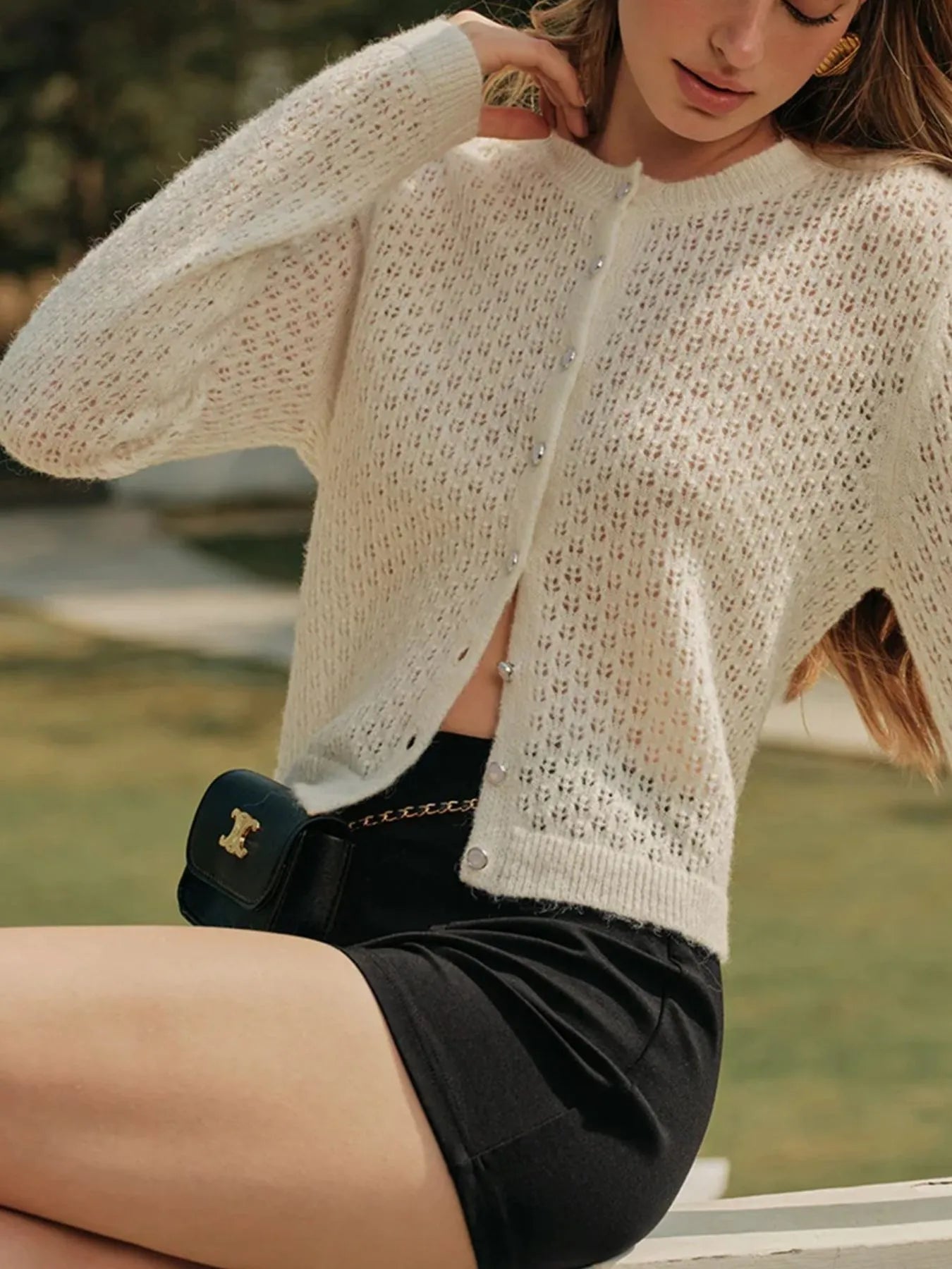 Openwork Button Up Long Sleeve Cardigan - Beige