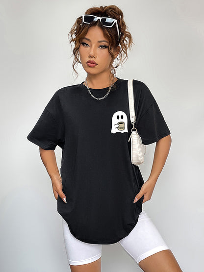 Round Neck Short Sleeve Ghost Graphic T-Shirt - Black