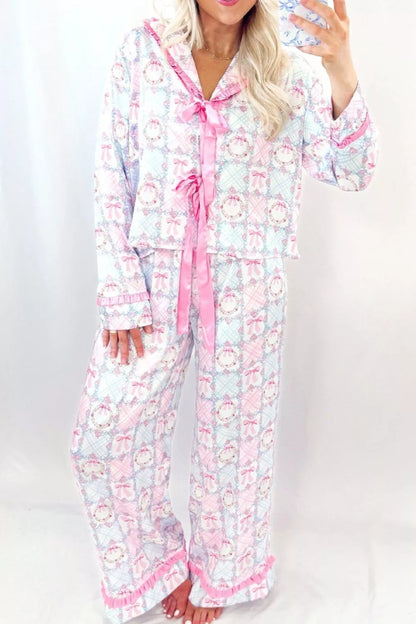 Wreath Pattern Tied Front Long Sleeve Pajama Set - Pink