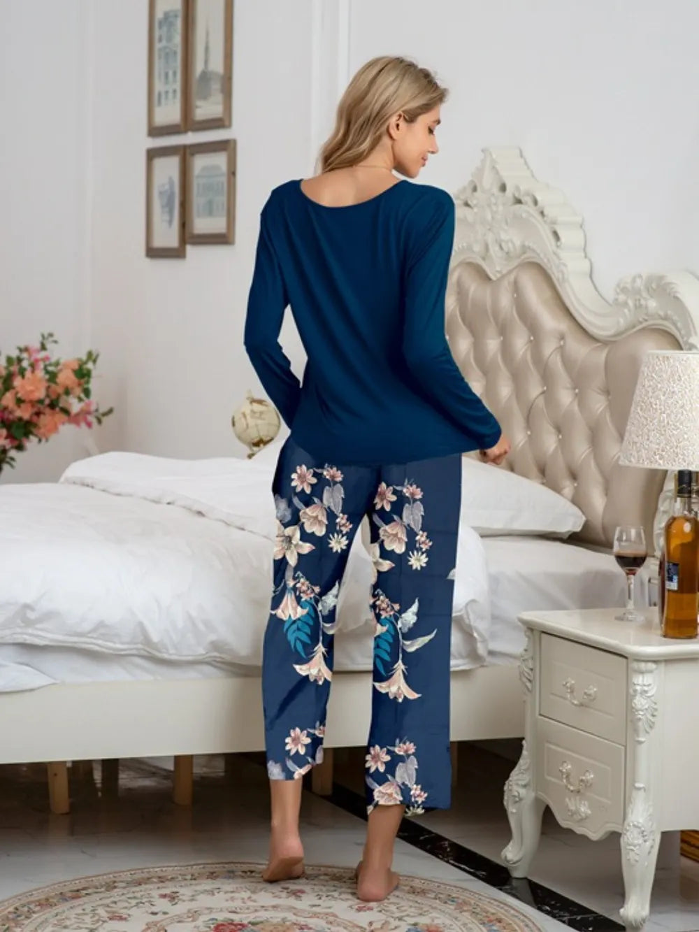 Round Neck Top and Printed Pants Lounge Set -
