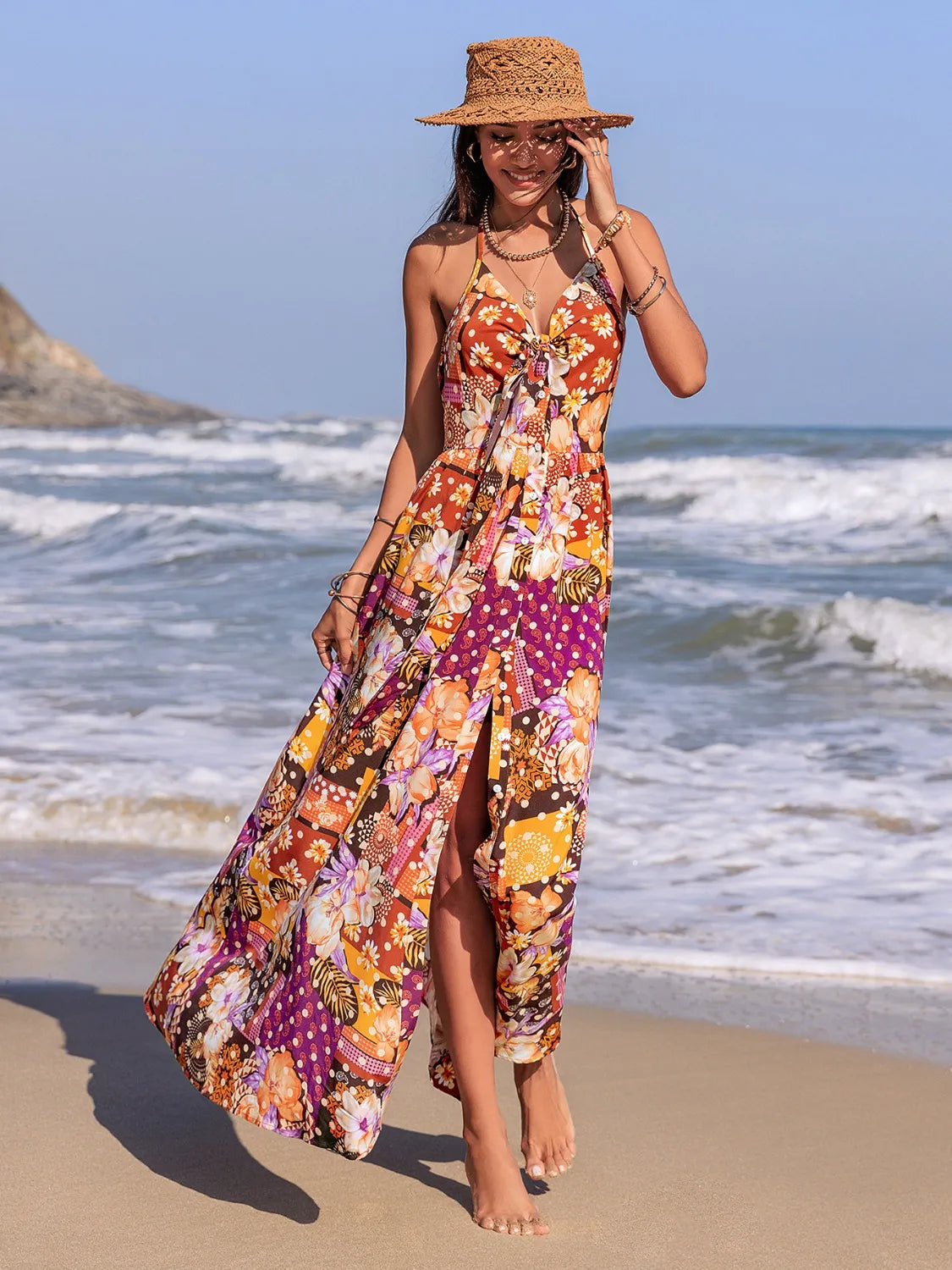 Slit Printed Halter Neck Cami Dress -