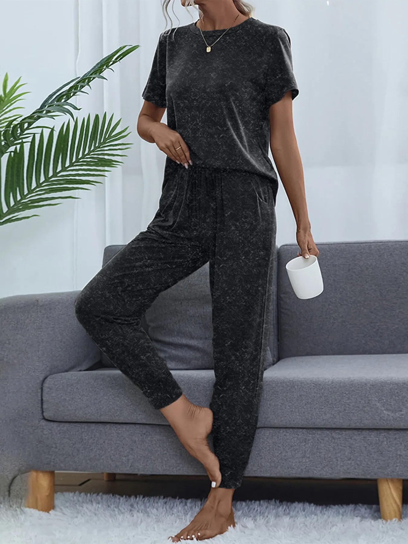 Round Neck Short Sleeve Top and Pants Lounge Set -