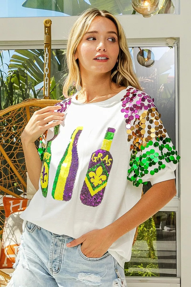 Sequin Mardi Gras Bottles Spangled Sleeve Top -