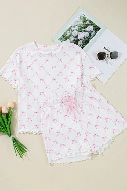 Bow Print Round Neck Top and Shorts Lounge Set -