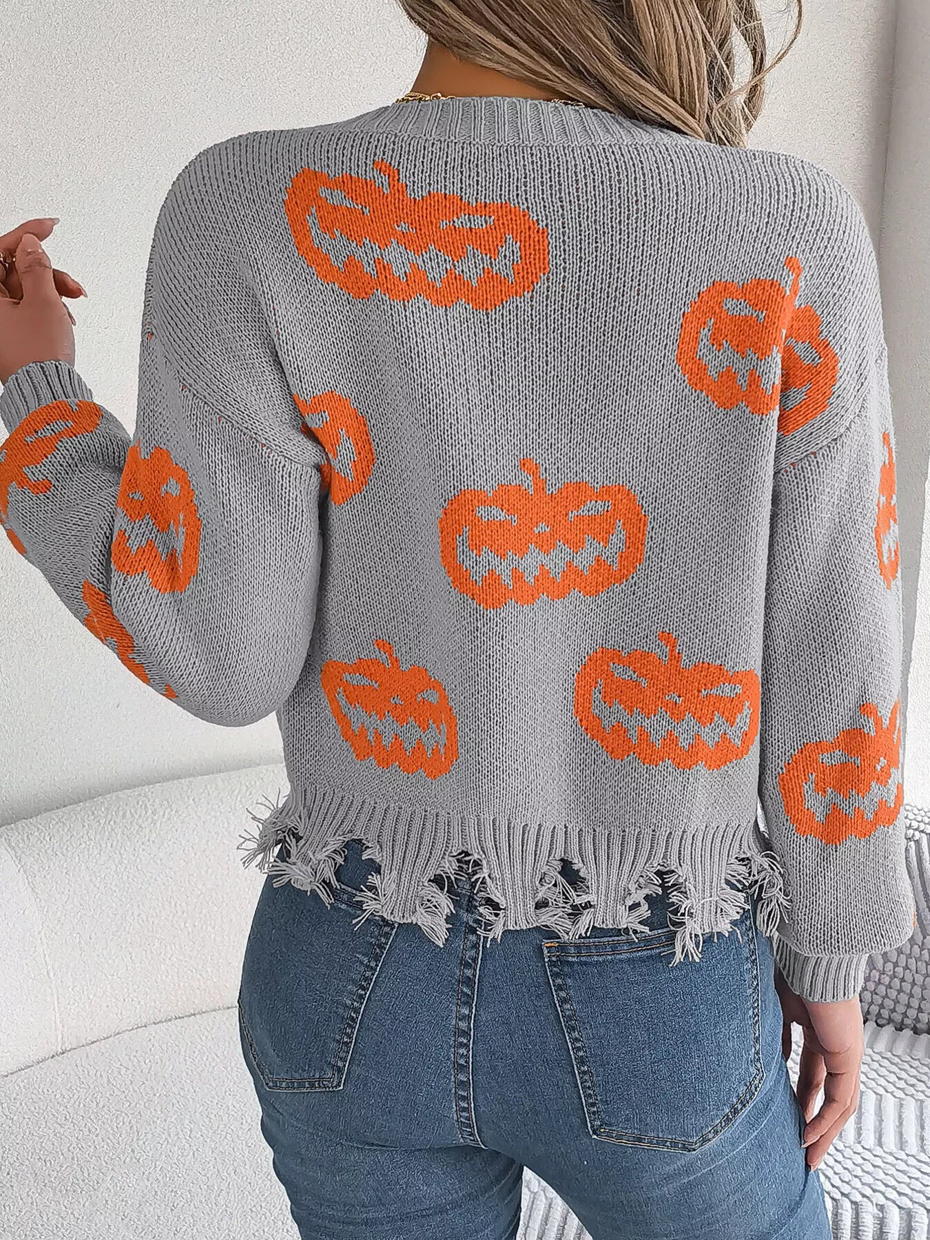 Pumpkin Pattern Raw Hem V-Neck Sweater - Gray