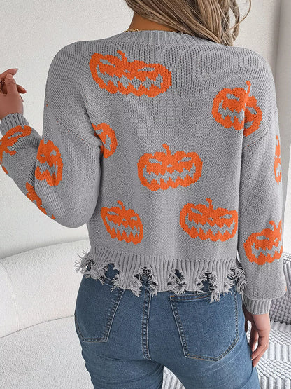 Pumpkin Pattern Raw Hem V-Neck Sweater - Gray