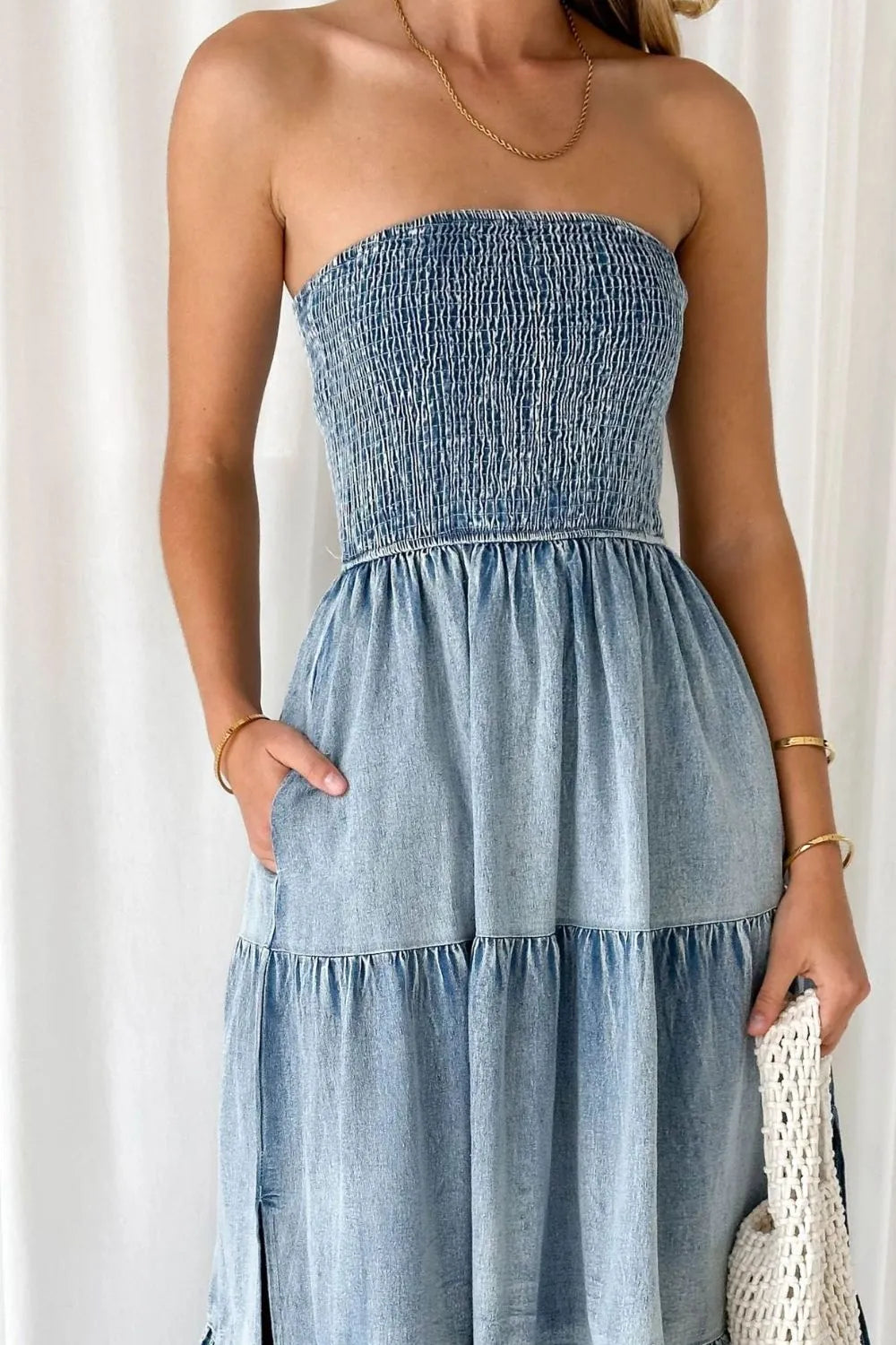 Smocked Tube Slit Tiered Denim Dress -