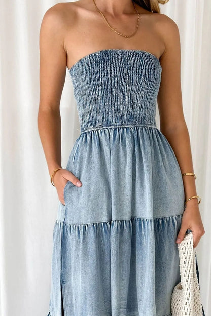 Smocked Tube Slit Tiered Denim Dress -
