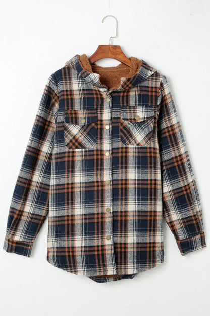 Plaid Button Up Long Sleeve Hooded Jacket -