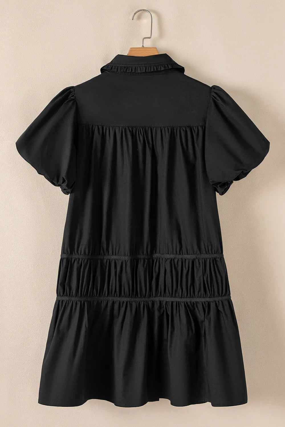 Button Down Puff Sleeve Ruffle Hem Dress -