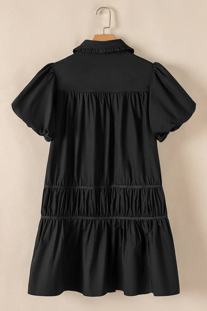 Button Down Puff Sleeve Ruffle Hem Dress -