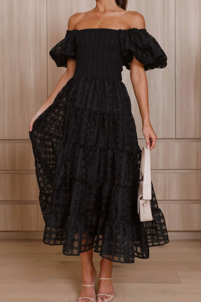 Off Shoulder Short Puff Sleeve Midi Dress -