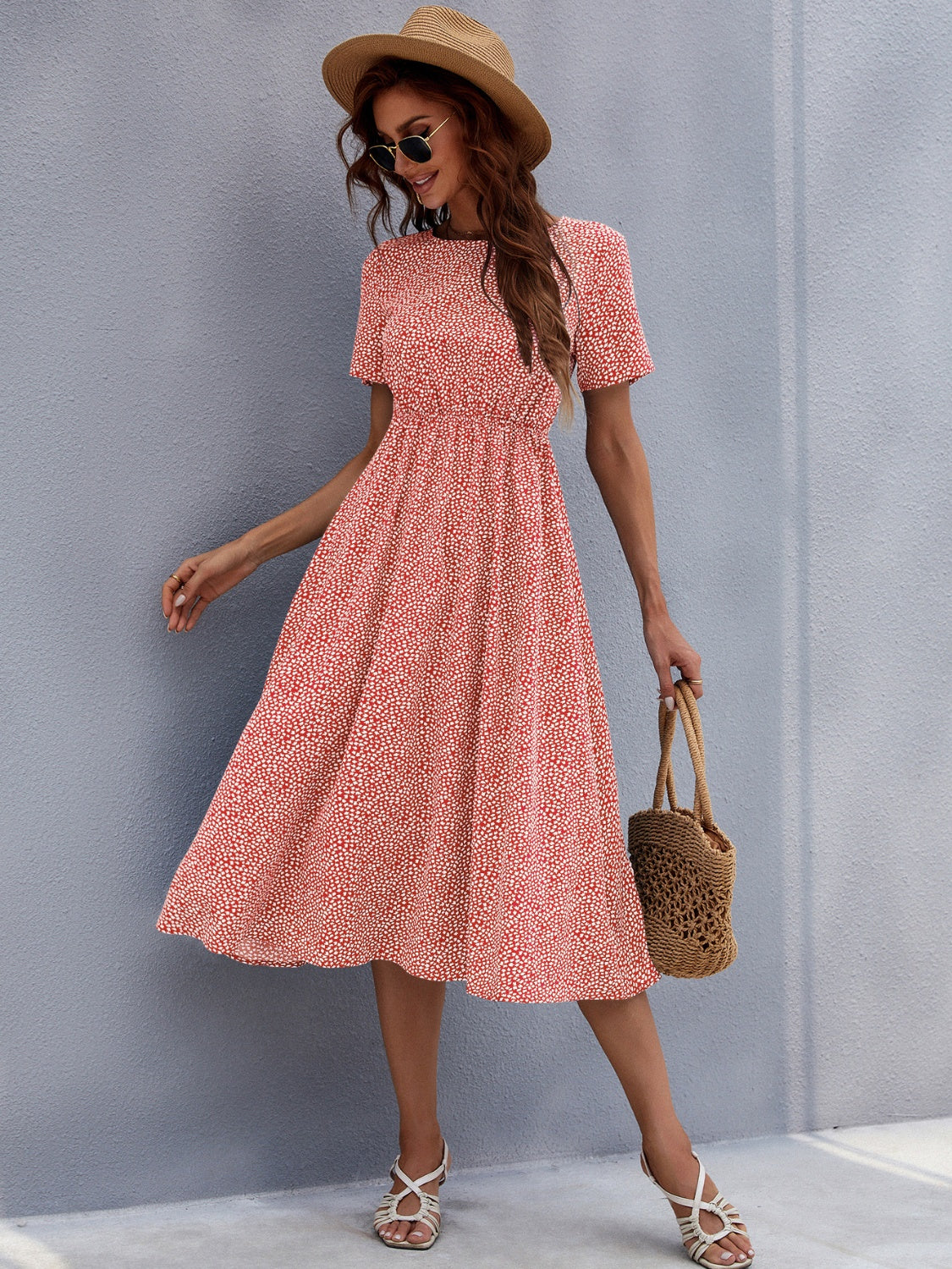 Printed Round Neck Short Sleeve Midi Dress