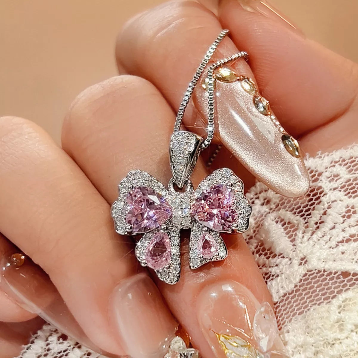 Zircon Bow Pendant Necklace - Silver One Size
