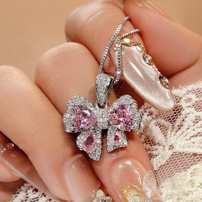 Zircon Bow Pendant Necklace - Silver One Size
