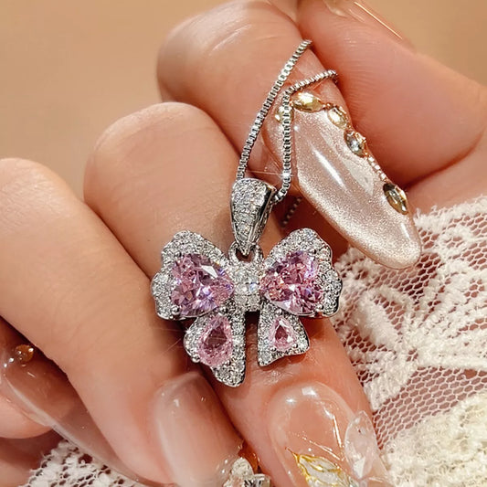 Zircon Bow Pendant Necklace - Silver One Size