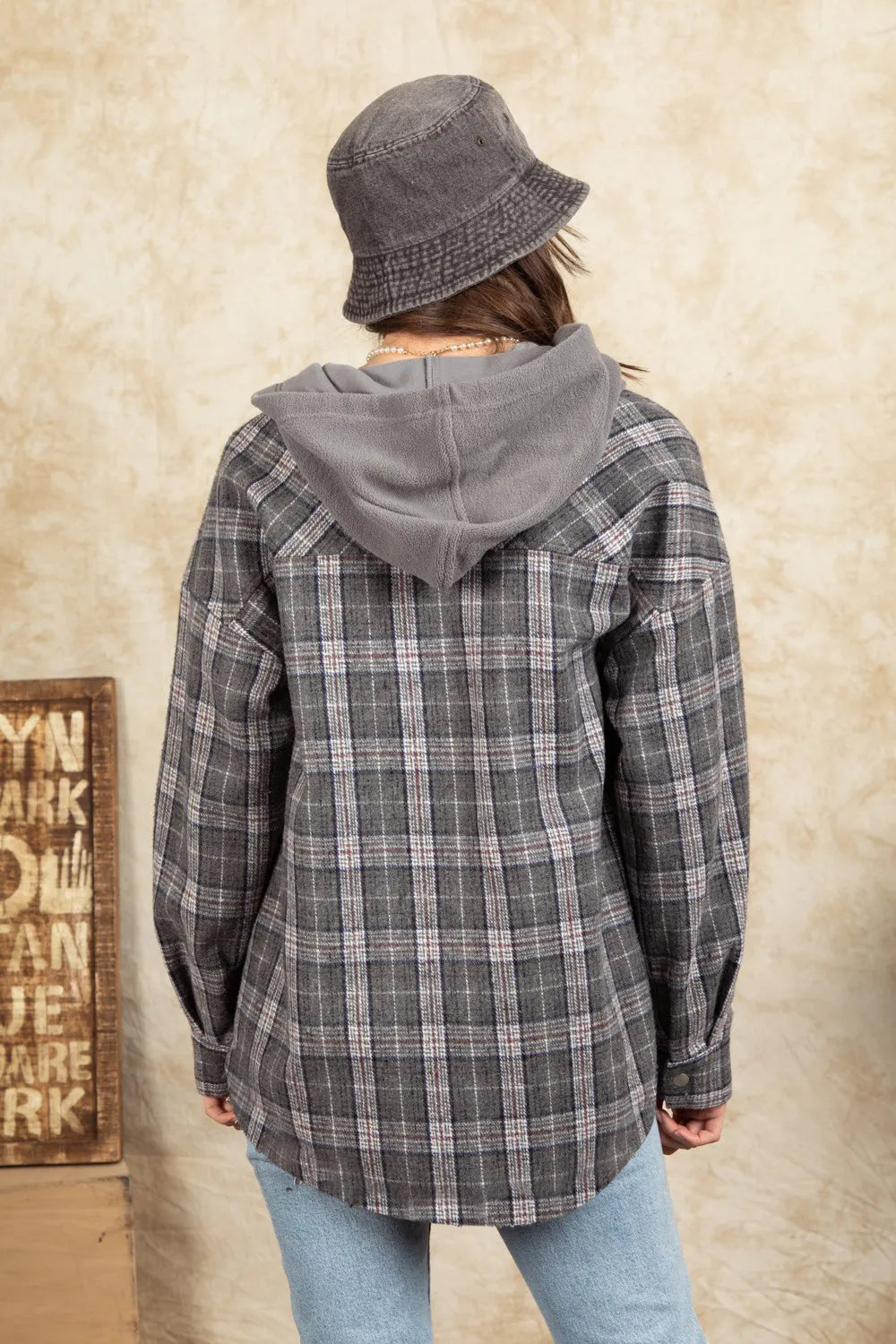 Drawstring Plaid Long Sleeve Hooded Jacket - Dark Gray
