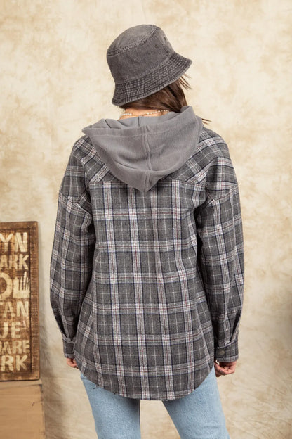Drawstring Plaid Long Sleeve Hooded Jacket - Dark Gray