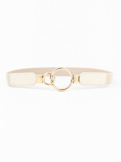 Double Ring Buckle Elastic PU Belt - Cream One Size